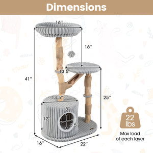 Solid Wood Cat Tree 41 Inch with Real Branches & Scratching Posts and Cozy Bed-Gray view 5
