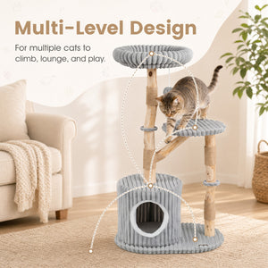 Solid Wood Cat Tree 41 Inch with Real Branches & Scratching Posts and Cozy Bed-Gray view 6