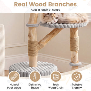 Solid Wood Cat Tree 41 Inch with Real Branches & Scratching Posts and Cozy Bed-Gray view 7