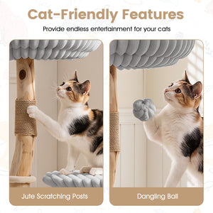 Solid Wood Cat Tree 41 Inch with Real Branches & Scratching Posts and Cozy Bed-Gray view 8
