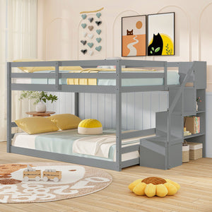 Solid Wood Full Over Full Low Bunk Bed with Storage Stairs-Gray view 3