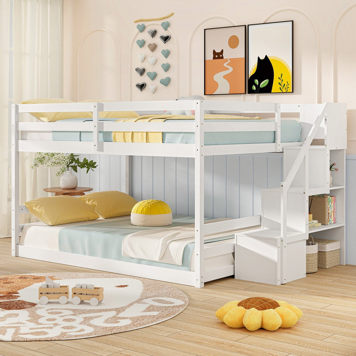 Solid Wood Full Over Full Low Bunk Bed with Storage Stairs-White view 2