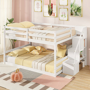 Solid Wood Full Over Full Low Bunk Bed with Storage Stairs-White view 3