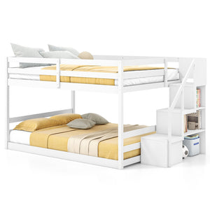 Solid Wood Full Over Full Low Bunk Bed with Storage Stairs-White view 4