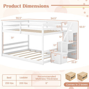 Solid Wood Full Over Full Low Bunk Bed with Storage Stairs-White view 5