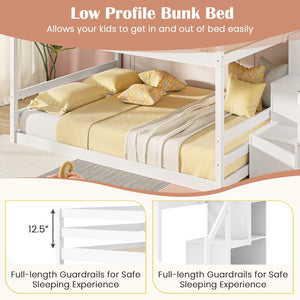 Solid Wood Full Over Full Low Bunk Bed with Storage Stairs-White view 6