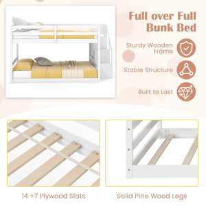 Solid Wood Full Over Full Low Bunk Bed with Storage Stairs-White view 8