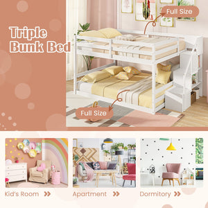 Solid Wood Full Over Full Low Bunk Bed with Storage Stairs-White view 9
