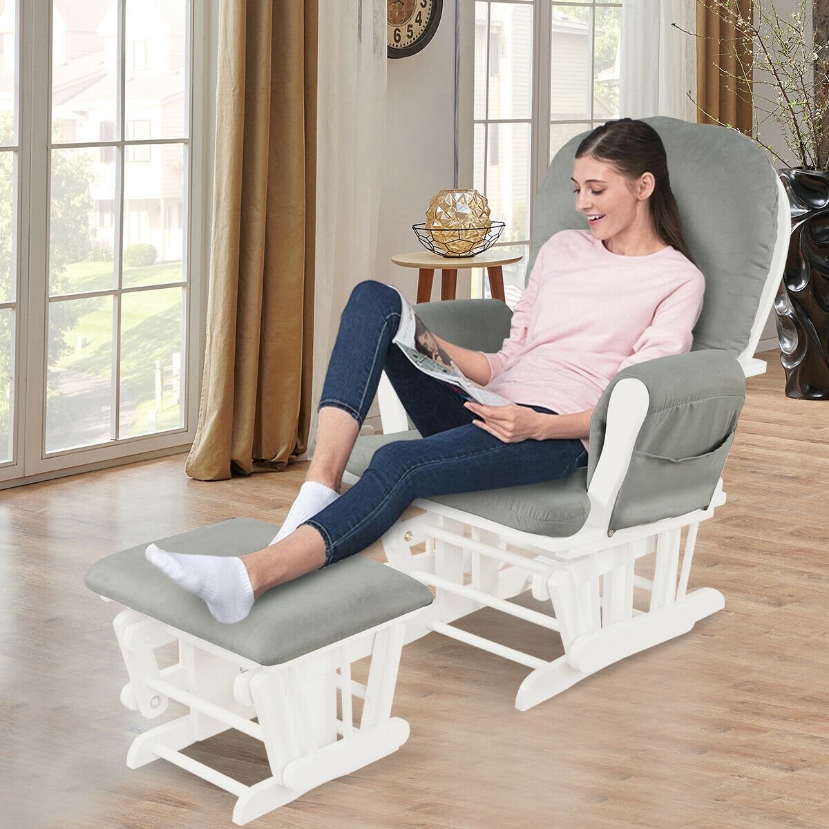 Wood Glider and Ottoman Set with Padded Armrests and Detachable Cushion-Light Gray view 2