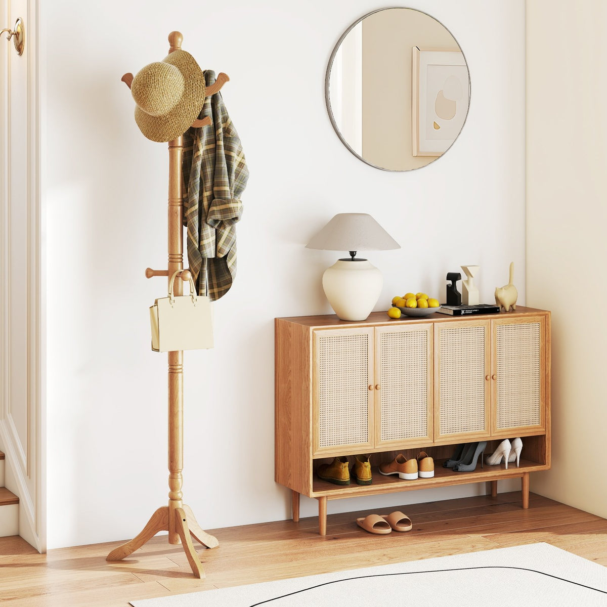 Solid Wood Hall Tree with 11 Hooks and 3 Height Options for Entryway-Natural view 2