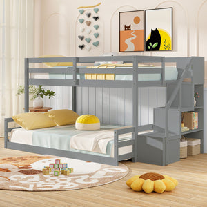 Solid Wood Twin Over Full Low Bunk Bed with Storage Stairs-Grey view 3