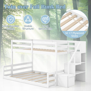 Solid Wood Twin Over Full Low Bunk Bed with Storage Stairs-White view 7