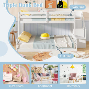 Solid Wood Twin Over Full Low Bunk Bed with Storage Stairs-White view 8