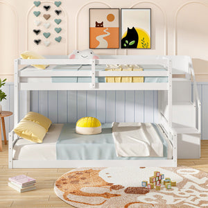 Solid Wood Twin Over Full Low Bunk Bed with Storage Stairs-White view 9