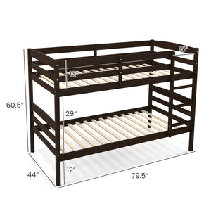 Solid Wood Twin Over Twin Bunk Bed Frame with High Guardrails and Integrated Ladder-Espresso view 5