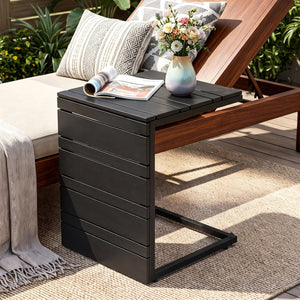 Space-Saving C-Shaped Side Table with Wood-Plastic Top for Indoor Outdoor-Black view 2