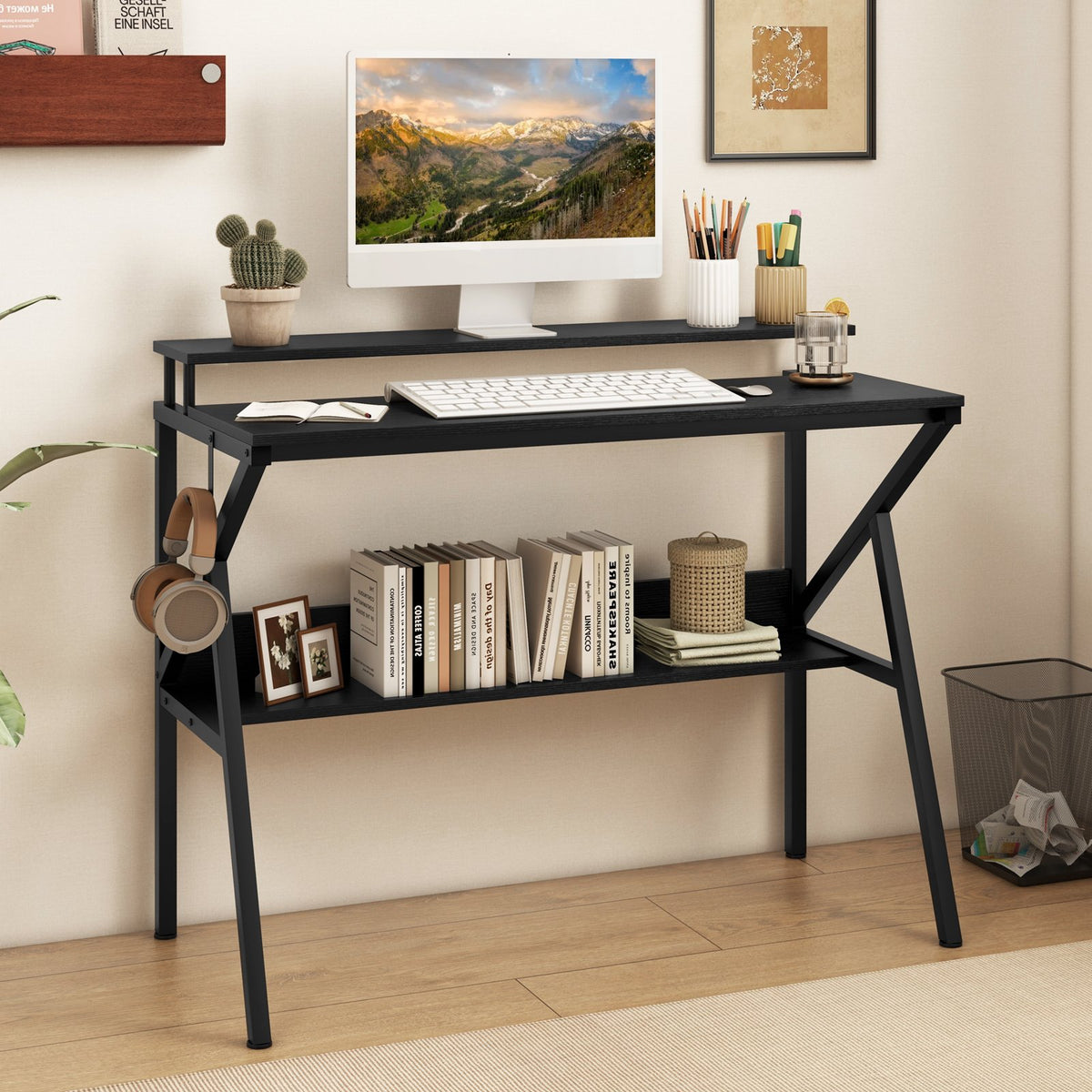 Space Saving Computer Desk with Monitor Stand and Extra Storage Shelf for Work Study-Black view 2