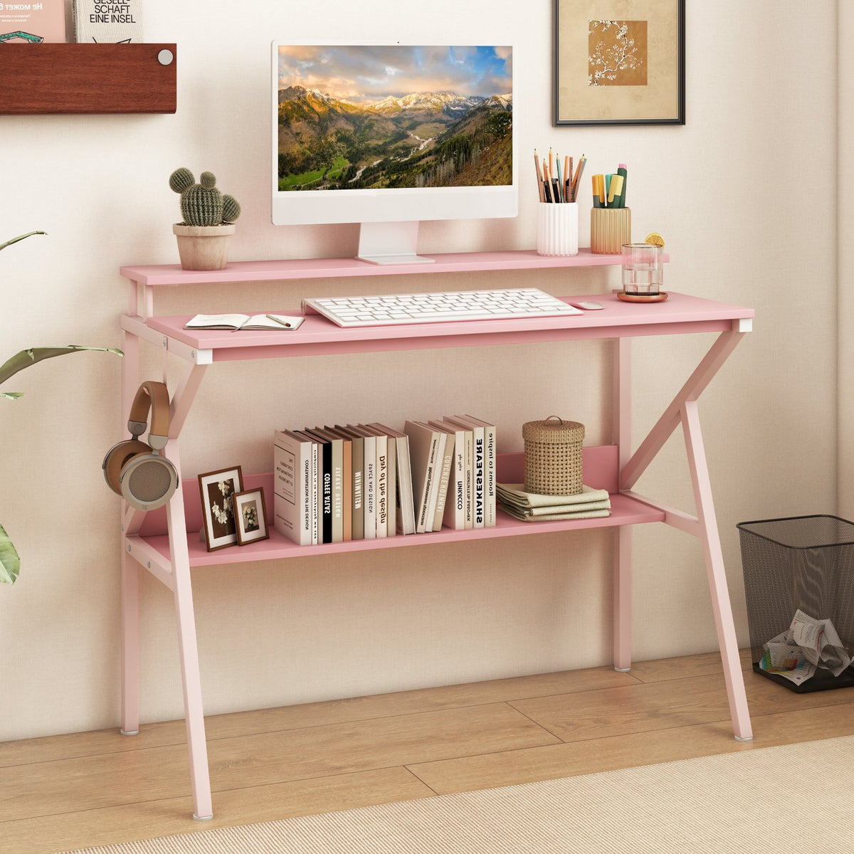 Space Saving Computer Desk with Monitor Stand and Extra Storage Shelf for Work Study-Pink view 2