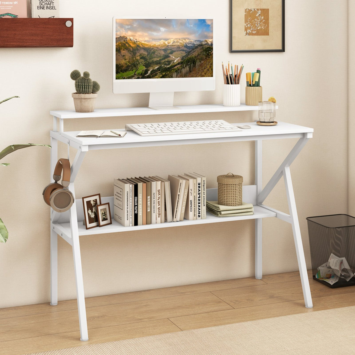 Space Saving Computer Desk with Monitor Stand and Extra Storage Shelf for Work Study-White view 2