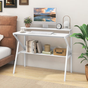 Space Saving Computer Desk with Monitor Stand and Extra Storage Shelf for Work Study-White view 3