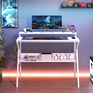 Space Saving Computer Desk with Monitor Stand and Extra Storage Shelf for Work Study-White view 6