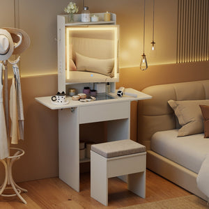 Space-saving Vanity Desk with Mirror and Lights for Bedroom-White view 3