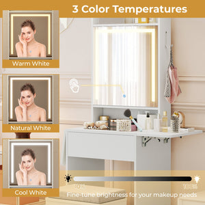 Space-saving Vanity Desk with Mirror and Lights for Bedroom-White view 7
