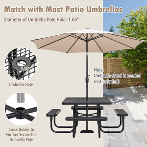 Square Picnic Table and Bench for 8 Person with Seats and Umbrella Hole-Black view 7