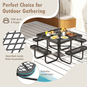 Square Picnic Table and Bench for 8 Person with Seats and Umbrella Hole-Black view 8