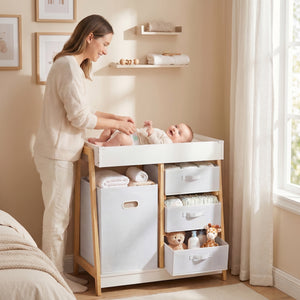 Qaba Baby Changing Table, Diaper Changing Station with Waterproof Pad, 3 Drawers and Large Basket for Newborn & Infant, White