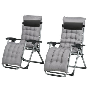 Folding Garden Chairs Set of 2, Reclining Zero Gravity Chair, Sun Lounger with Cushion and Headrest, Dark Grey