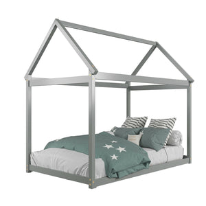 Stable Kids Platform Floor Bed with Roof and Heavy-Duty Slats-Gray view 9