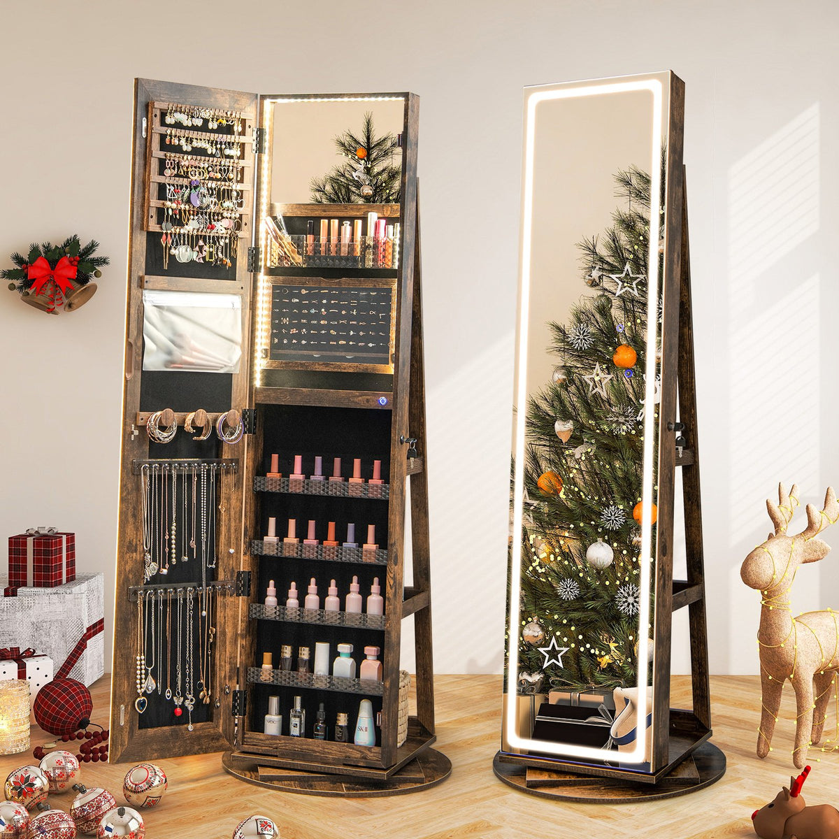 Standing Jewelry Cabinet with Adjustable LED Lights-Coffee view 2