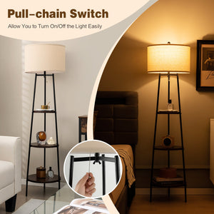 Standing Shelf Floor Lamp with Storage Shelves and Linen Lampshade view 7