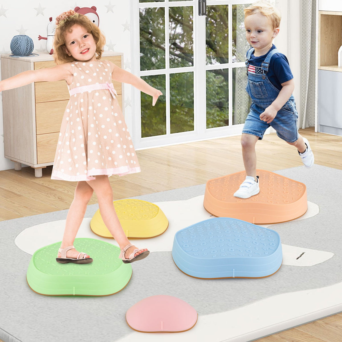 Stepping Stones for Kids 5 PCS Non-Slip Balance Stones with Storage Bag-Macaron view 2