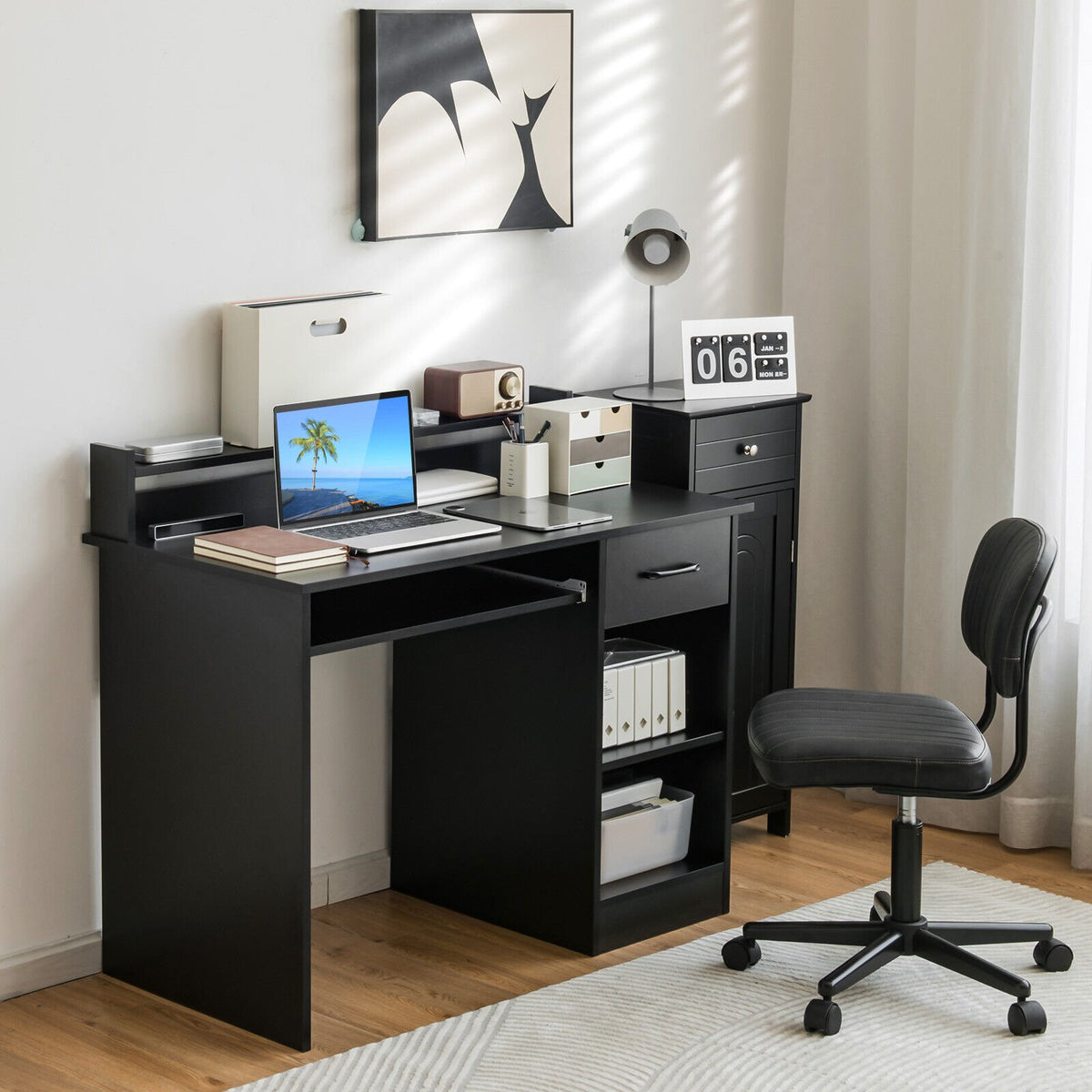 Study Laptop Table with Drawer and Keyboard Tray-Black view 2