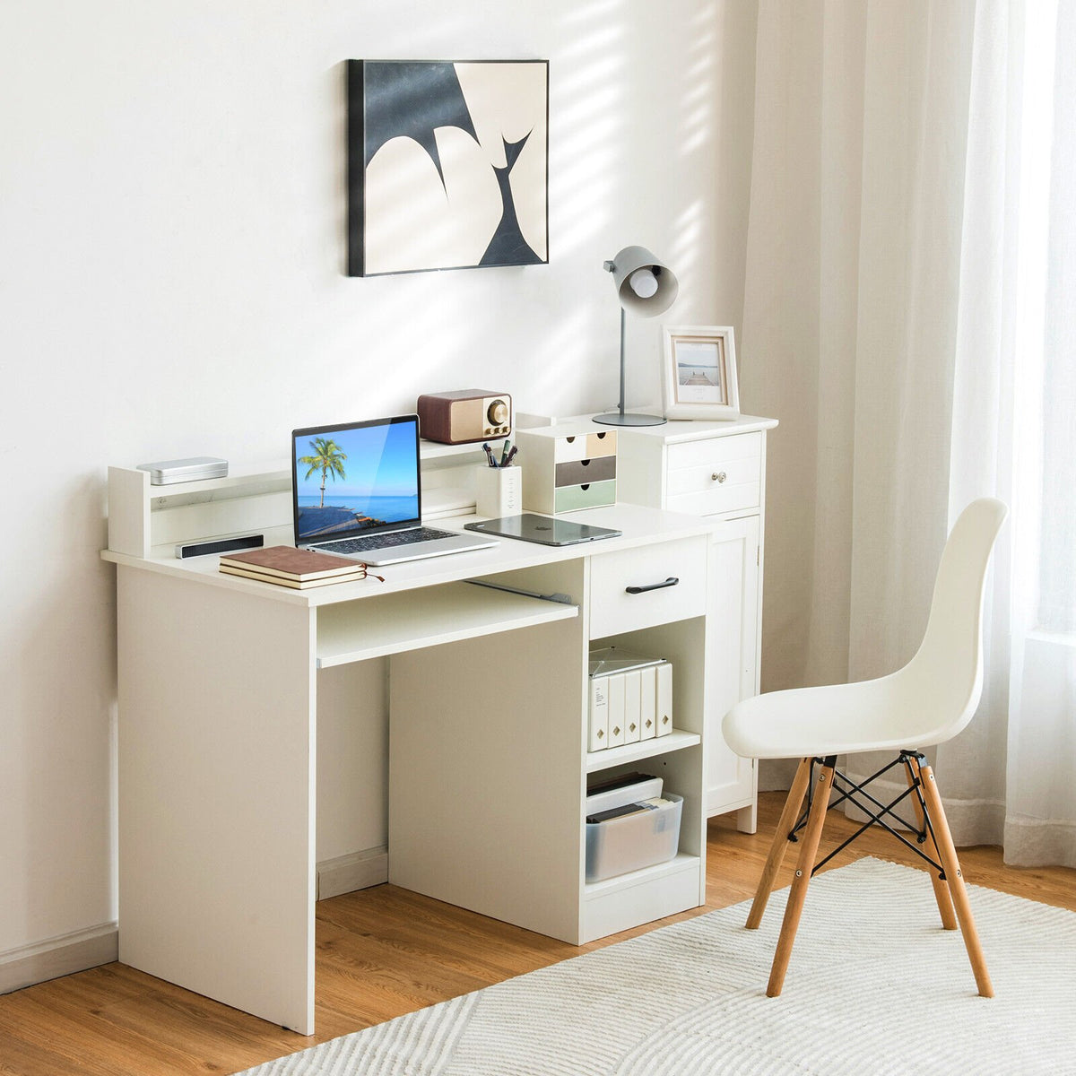 Study Laptop Table with Drawer and Keyboard Tray-White view 2