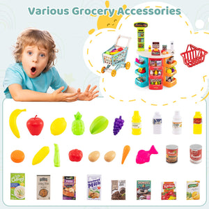 Supermarket Playset for Kids 76 PCS Pretend Play Grocery Store Set with Shopping Cart-Blue view 6