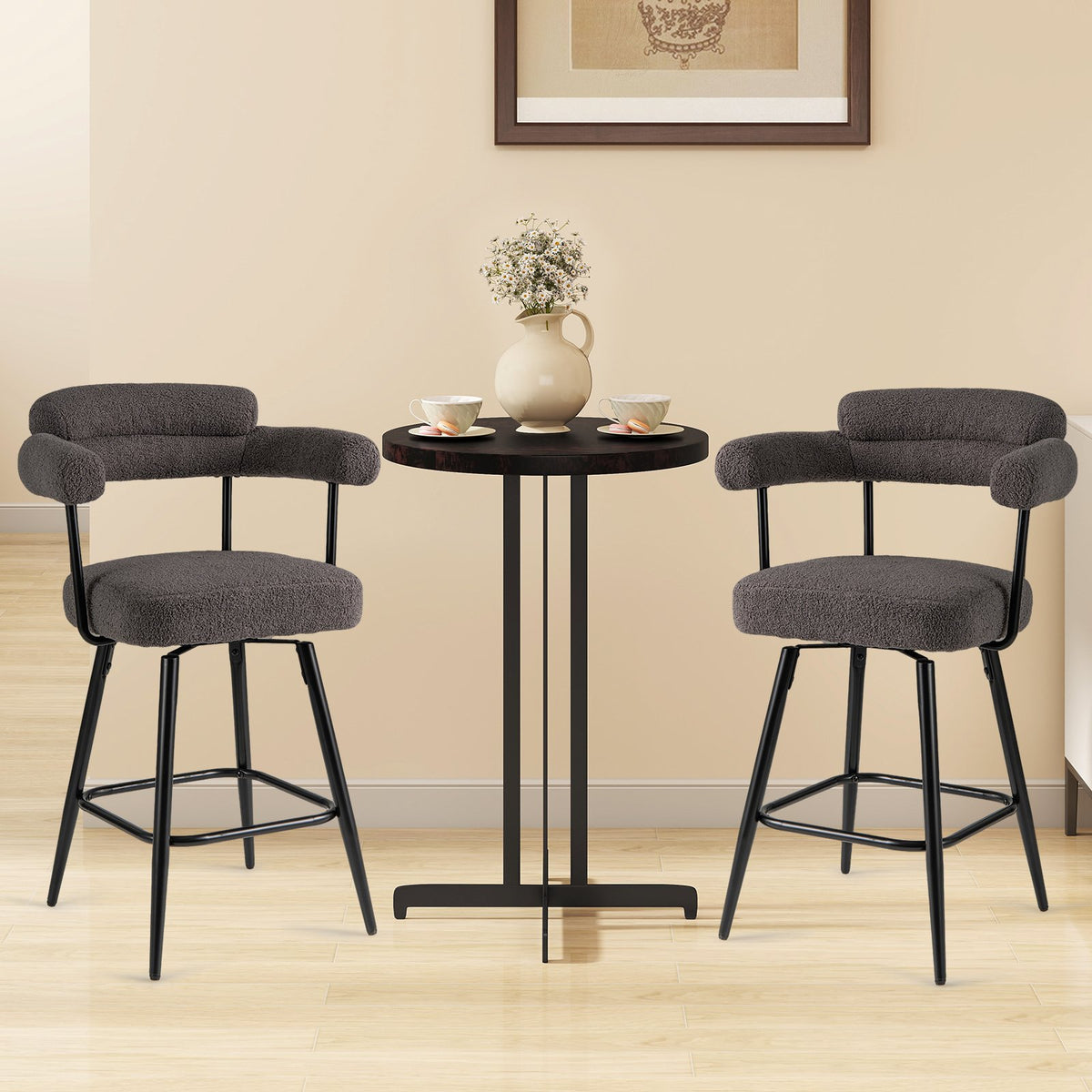 Swivel Bar Stool Set of 2 Counter Height Chairs with Curved Back and Arms-Grey view 2
