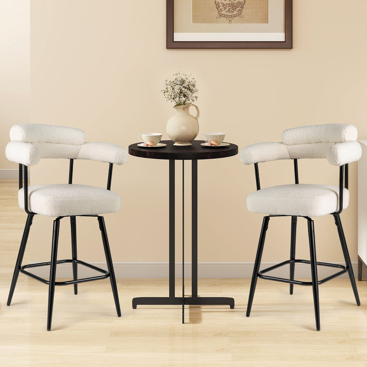 Swivel Bar Stool Set of 2 Counter Height Chairs with Curved Back and Arms-White view 2