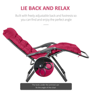 Reclining Zero Gravity Chair with Adjustable Backrest, Folding Garden Sun Lounger, Outdoor Recliner with Removable Cushion and Headrest, Wine Red