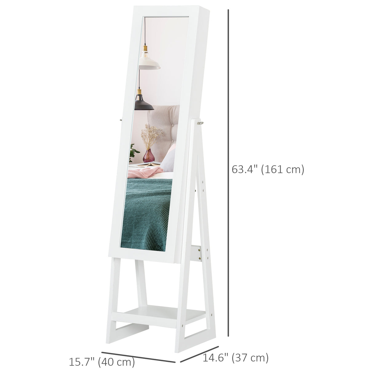 Jewellery Cabinet with Full-Length Mirror, Standing Jewelry Armoire with LED Light, White