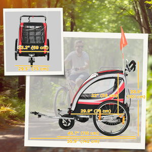 Aosom 2 Seat Bike Trailer for Kids 2-in-1 Double Baby Stroller with Handbrake, Rubber Wheels, 5 Point Harness, Waterproof Cover, Storage Bag, Reflectors
