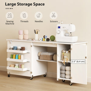 Sewing Machine Table with Drop Leaf, Folding Craft Table with 2 Doors and Adjustable Shelf for Small Spaces, Brown