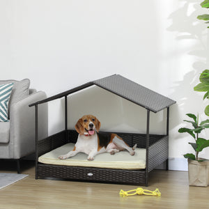 Rattan Dog House with Canopy, Wicker Dog Bed with Water-Resistant Cushion, for Small and Medium Breeds Blue – view 14