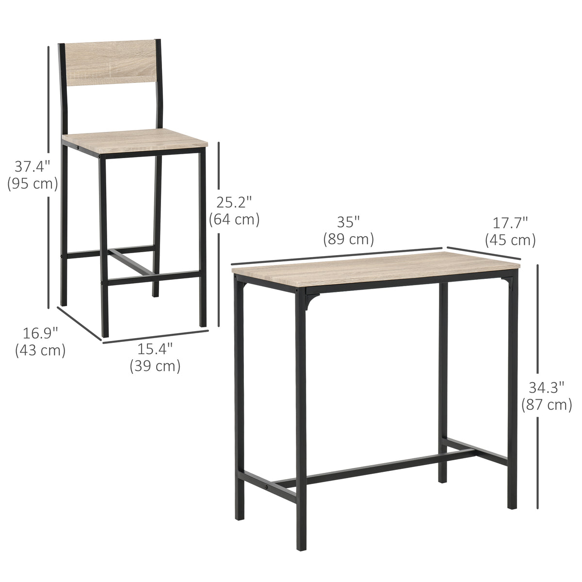 Industrial Bar Table Set Counter Height 3 Piece and 2 High Back Stools Set Dining Table Set Natural Wood