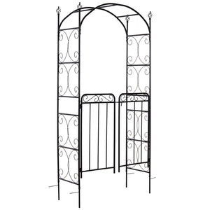 7' Metal Garden Arbor Arch with Scrollwork Doors for Ceremony, Weddings, Party, Backyard, Lawn