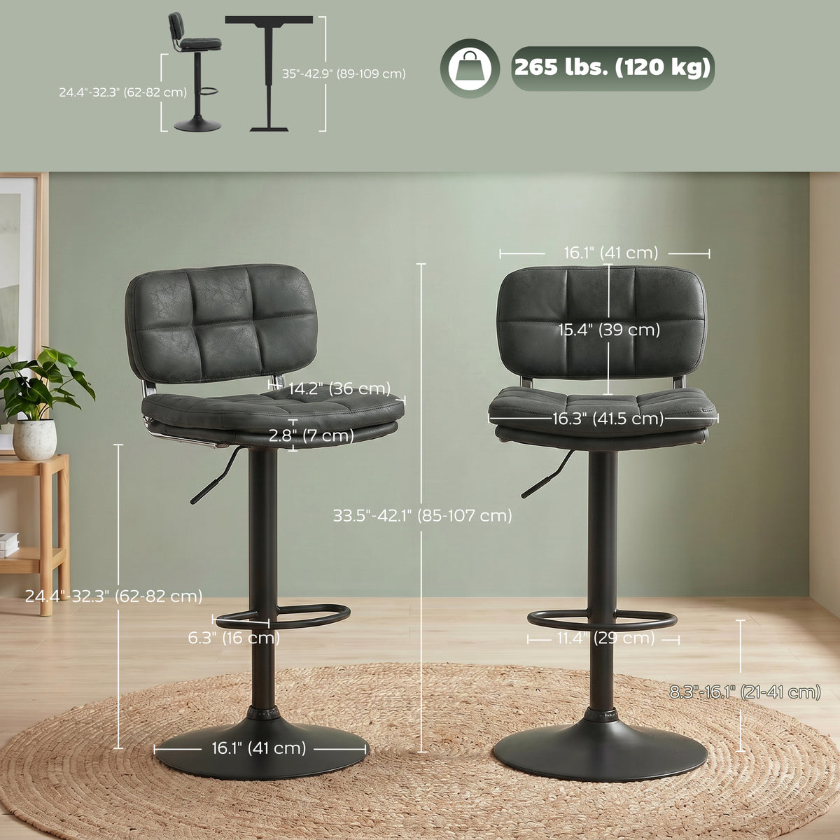 Bar Stools Set of 2, Swivel Counter Height Barstools with Adjustable Height, Back and Footrest, PU Leather Bar Chairs