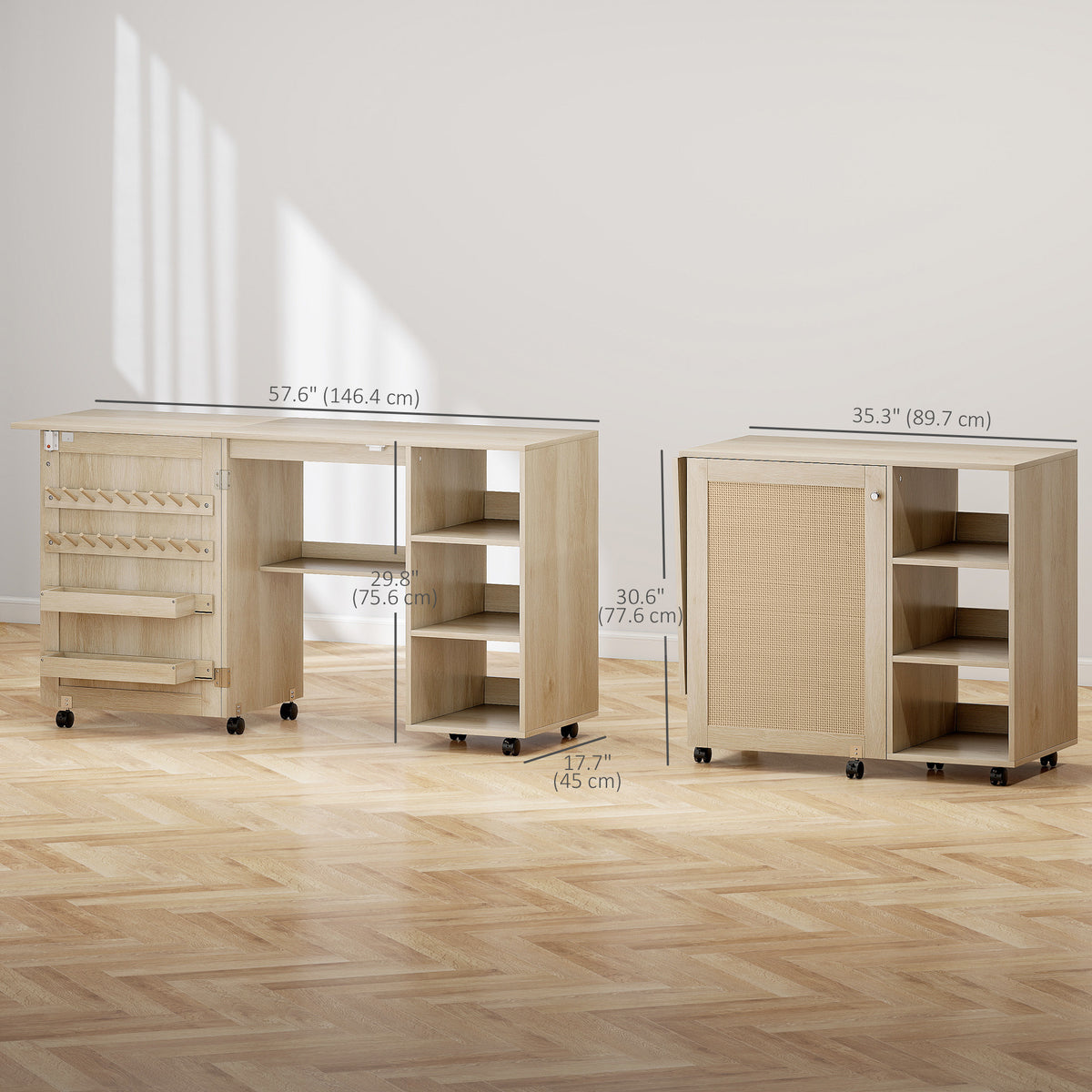 Sewing Machine Table with Drop Leaf, Folding Craft Table Rattan Door and Storage Shelves for Small Spaces, Natural