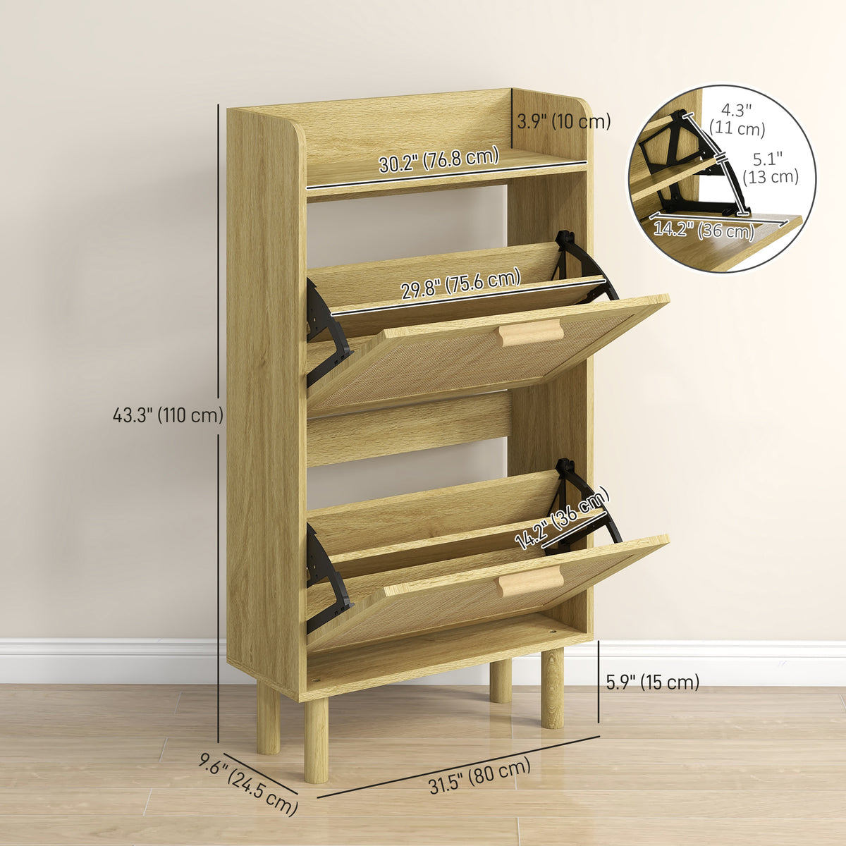 Slim Shoe Storage with 2 Flip Drawers and Adjustable Shelves, Rattan Shoe Cabinet Organizer for 12 Pair, Oak
